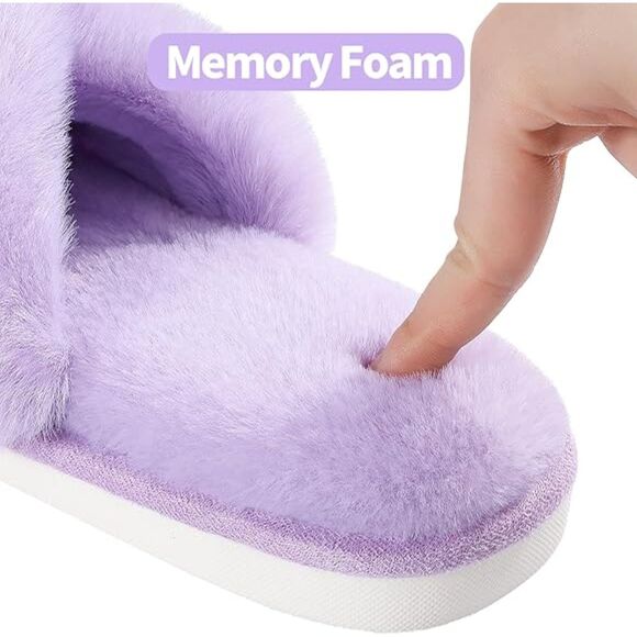 Women's Fuzzy Slippers Cross Band Lavender Memory Foam House Slippers Open Toe - Picture 4 of 6